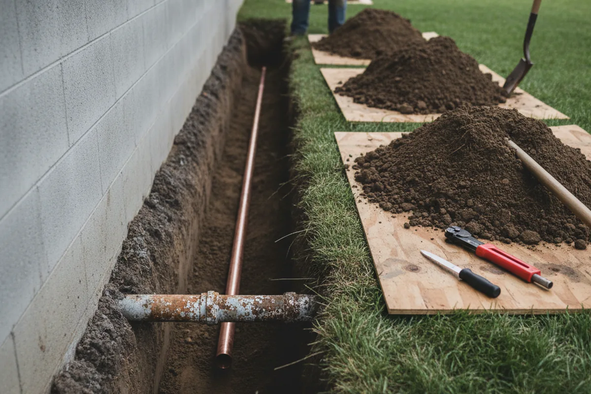 Excavated water line trench during Sewer Line Repair in Flemington